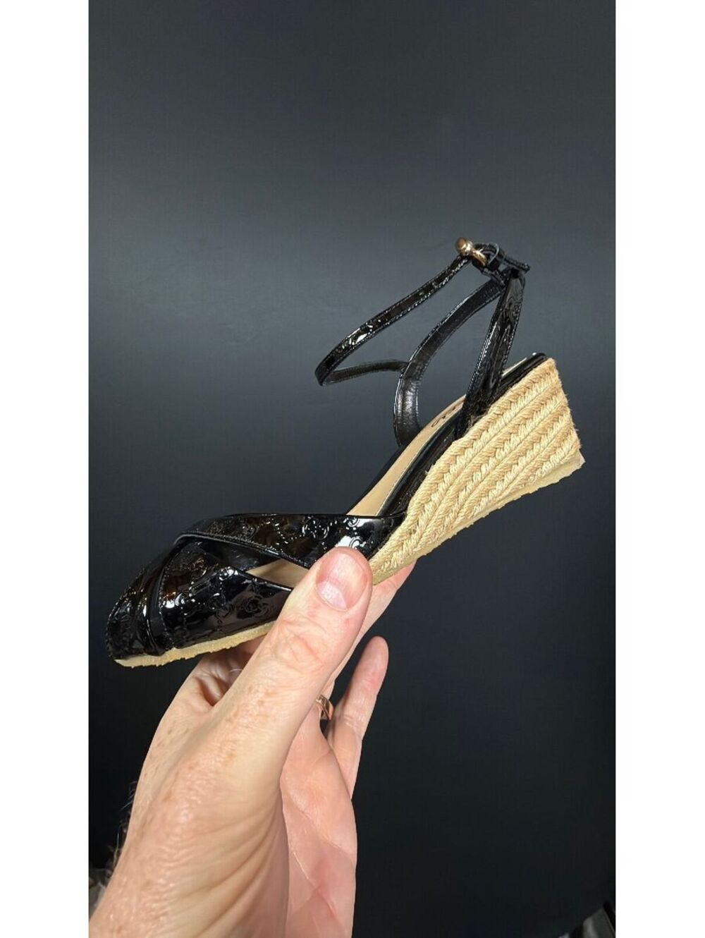 Gucci Blac k Micro Guccissima Patent Leather Penelope Espadrille Wedge Size 37